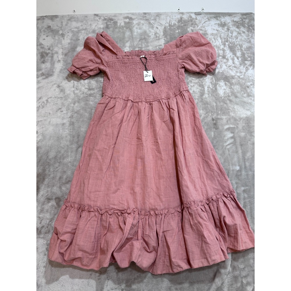 NWT ZEXXXY Cottagecore Dress Women Medium M Pink Cotton Linen Blend Smocked Midi